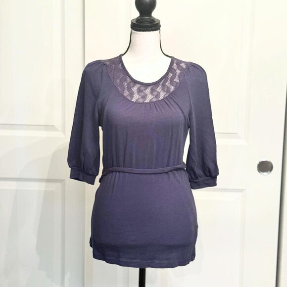 Ella Moss Tops - Ella Moss Navy Blue Three Quarter Sleeve Belted Wrap Top Blouse, Size S